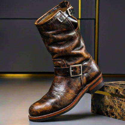 Buty motocyklowe z 2 paskami z klamrami i efektem przecierania w kolorze brązowym retro